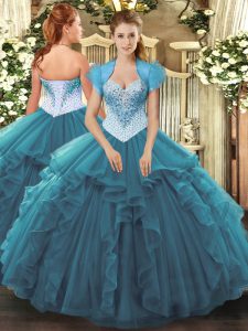 Glamorous Sleeveless Tulle Floor Length Lace Up Quinceanera Dress in Teal with Beading and Ruffles