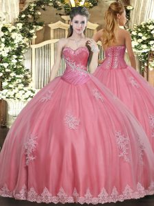 Floor Length Lace Up Vestidos de Quinceanera Watermelon Red for Military Ball and Sweet 16 and Quinceanera with Beading 