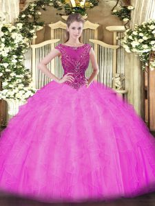 Modest Lilac Zipper Scoop Beading and Ruffles Sweet 16 Quinceanera Dress Tulle Sleeveless