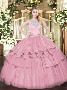 Baby Pink Sleeveless Tulle Zipper 15 Quinceanera Dress for Military Ball and Sweet 16 and Quinceanera