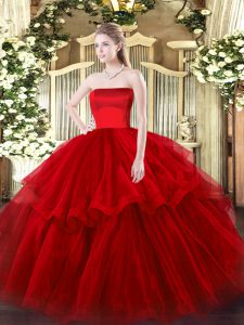 Popular Wine Red Sleeveless Tulle Brush Train Zipper 15th Birthday Dress for Military Ball and Sweet 16 and Quinceanera
