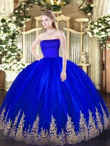 Enchanting Floor Length Blue Ball Gown Prom Dress Tulle Sleeveless Appliques