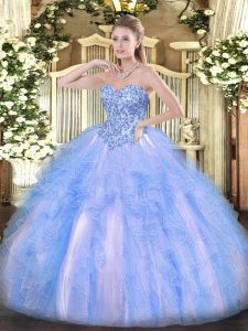 Great Sleeveless Floor Length Appliques and Ruffles Lace Up Quinceanera Gown with Blue And White
