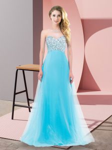 Aqua Blue Sleeveless Beading Floor Length Dress for Prom
