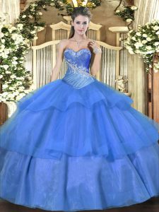 Lovely Beading and Ruffled Layers 15th Birthday Dress Blue Lace Up Sleeveless Floor Length