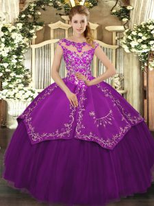 Cap Sleeves Satin and Tulle Floor Length Lace Up Quinceanera Gowns in Eggplant Purple with Embroidery