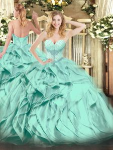 Turquoise Ball Gowns Sweetheart Sleeveless Organza Floor Length Lace Up Beading and Ruffles Sweet 16 Dresses