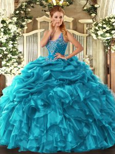 Spectacular Teal Sleeveless Beading and Ruffles and Pick Ups Floor Length Quince Ball Gowns