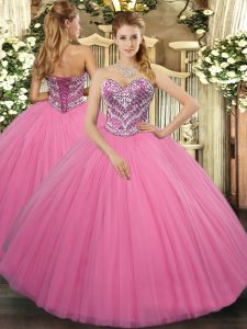 Nice Floor Length Ball Gowns Sleeveless Rose Pink 15th Birthday Dress Lace Up