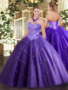 Purple Ball Gowns Sweetheart Sleeveless Tulle Floor Length Lace Up Appliques Ball Gown Prom Dress