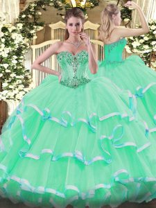 High Class Apple Green Ball Gown Prom Dress Sweet 16 and Quinceanera with Beading and Ruffles Sweetheart Sleeveless Lace