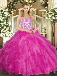 Fuchsia Straps Neckline Appliques and Ruffles Sweet 16 Dresses Sleeveless Lace Up