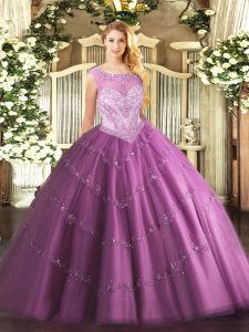 Sleeveless Floor Length Beading Zipper Quinceanera Dress with Lilac
