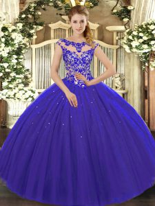 Comfortable Royal Blue Scoop Neckline Beading and Appliques 15 Quinceanera Dress Cap Sleeves Lace Up