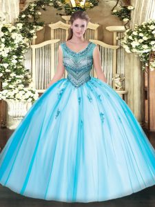 Tulle Scoop Sleeveless Lace Up Beading and Appliques Vestidos de Quinceanera in Baby Blue