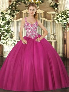 Suitable Beading and Appliques Quince Ball Gowns Fuchsia Lace Up Sleeveless Floor Length