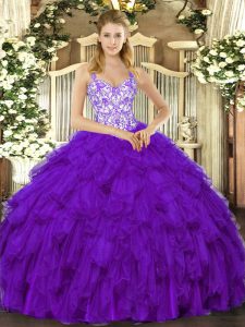 Superior Straps Sleeveless Quinceanera Dresses Floor Length Beading and Ruffles Purple Organza