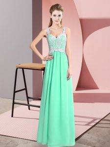 Floor Length Apple Green Prom Evening Gown V-neck Sleeveless Zipper