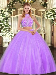 Perfect Two Pieces Sweet 16 Quinceanera Dress Lilac Halter Top Tulle Sleeveless Floor Length Criss Cross