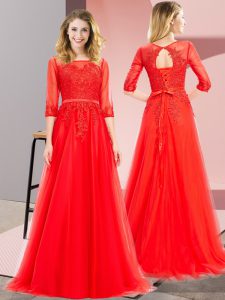 High Class Square 3 4 Length Sleeve Lace Up Prom Dresses Red Tulle