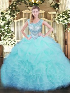 Modern Aqua Blue Scoop Neckline Beading and Ruffles and Pick Ups 15th Birthday Dress Sleeveless Lace Up