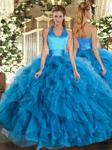 Captivating Baby Blue Organza Lace Up Halter Top Sleeveless Floor Length 15th Birthday Dress Ruffles