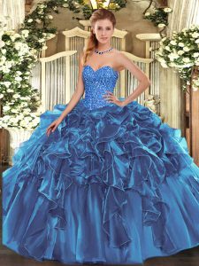 Extravagant Blue Sweetheart Lace Up Beading and Ruffles Quinceanera Gowns Sleeveless