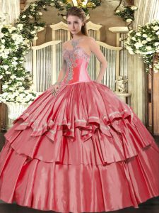 Sweetheart Sleeveless 15th Birthday Dress Floor Length Beading and Ruffled Layers Coral Red Organza and Taffeta