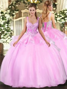 Delicate Pink Ball Gowns Straps Sleeveless Organza Floor Length Lace Up Beading Quinceanera Gown