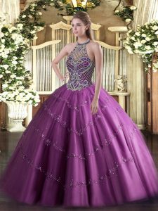 Tulle Halter Top Sleeveless Lace Up Beading Quinceanera Dress in Lilac