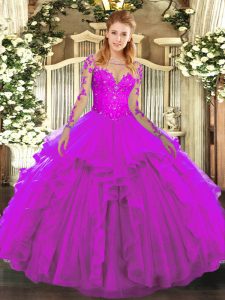 Lace and Ruffles Quinceanera Gown Fuchsia Lace Up Long Sleeves Floor Length