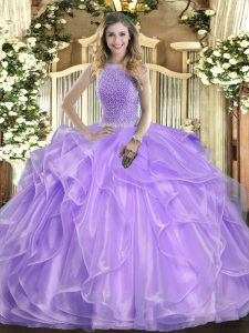 Super Lavender Lace Up High-neck Beading and Ruffles Ball Gown Prom Dress Organza Sleeveless