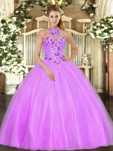Embroidery Ball Gown Prom Dress Lilac Lace Up Sleeveless Floor Length
