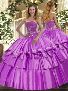 Sleeveless Floor Length Beading and Ruffled Layers Lace Up Quince Ball Gowns with Lilac