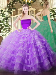 Lilac Tulle Zipper Strapless Sleeveless Floor Length 15 Quinceanera Dress Ruffled Layers