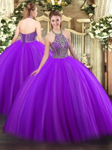 Tulle Halter Top Sleeveless Lace Up Beading 15 Quinceanera Dress in Purple