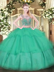 Great Floor Length Two Pieces Sleeveless Turquoise Quince Ball Gowns Lace Up