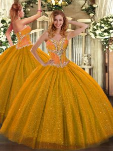 Ball Gowns Sweet 16 Dress Gold Sweetheart Tulle Sleeveless Floor Length Lace Up