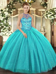Floor Length Lace Up 15 Quinceanera Dress Aqua Blue for Military Ball and Sweet 16 and Quinceanera with Beading and Embr