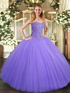 Sleeveless Tulle Floor Length Lace Up Quinceanera Dress in Lavender with Beading