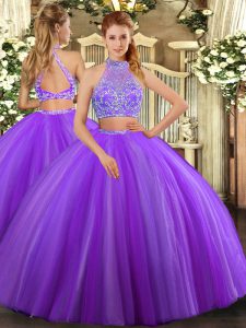 High Quality Lavender Sleeveless Beading Floor Length Quinceanera Dress
