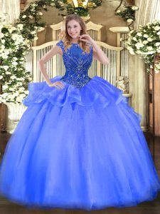 Hot Selling Blue Quinceanera Dress Sweet 16 and Quinceanera with Beading Scoop Cap Sleeves Zipper