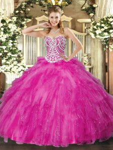 Cheap Fuchsia Ball Gowns Beading and Ruffles Quinceanera Dress Lace Up Tulle Sleeveless Floor Length