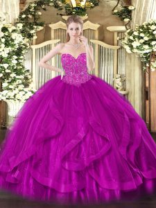 Captivating Fuchsia Tulle Lace Up 15 Quinceanera Dress Sleeveless Floor Length Beading and Ruffles