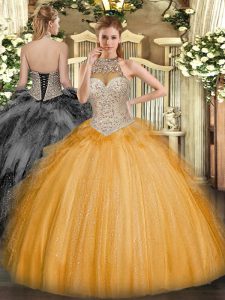 Halter Top Sleeveless Lace Up Ball Gown Prom Dress Orange Tulle