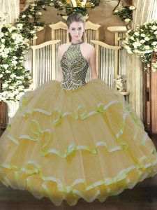New Arrival Halter Top Sleeveless Lace Up Sweet 16 Quinceanera Dress Gold Organza
