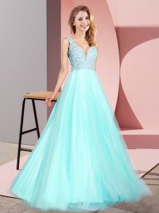 A-line Prom Dresses Aqua Blue V-neck Tulle Sleeveless Floor Length Zipper