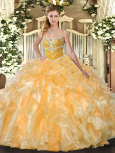 Nice Sweetheart Sleeveless Quinceanera Gown Floor Length Beading and Ruffles Orange Organza