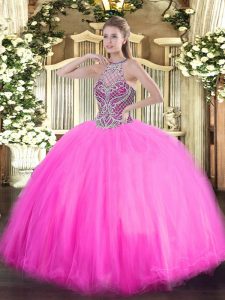 Sophisticated Rose Pink Tulle Lace Up Quinceanera Dresses Sleeveless Floor Length Beading