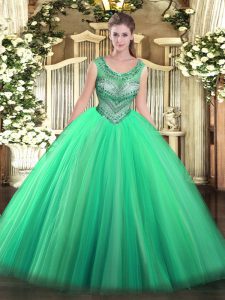 Edgy Turquoise Sleeveless Floor Length Beading Lace Up Sweet 16 Dresses